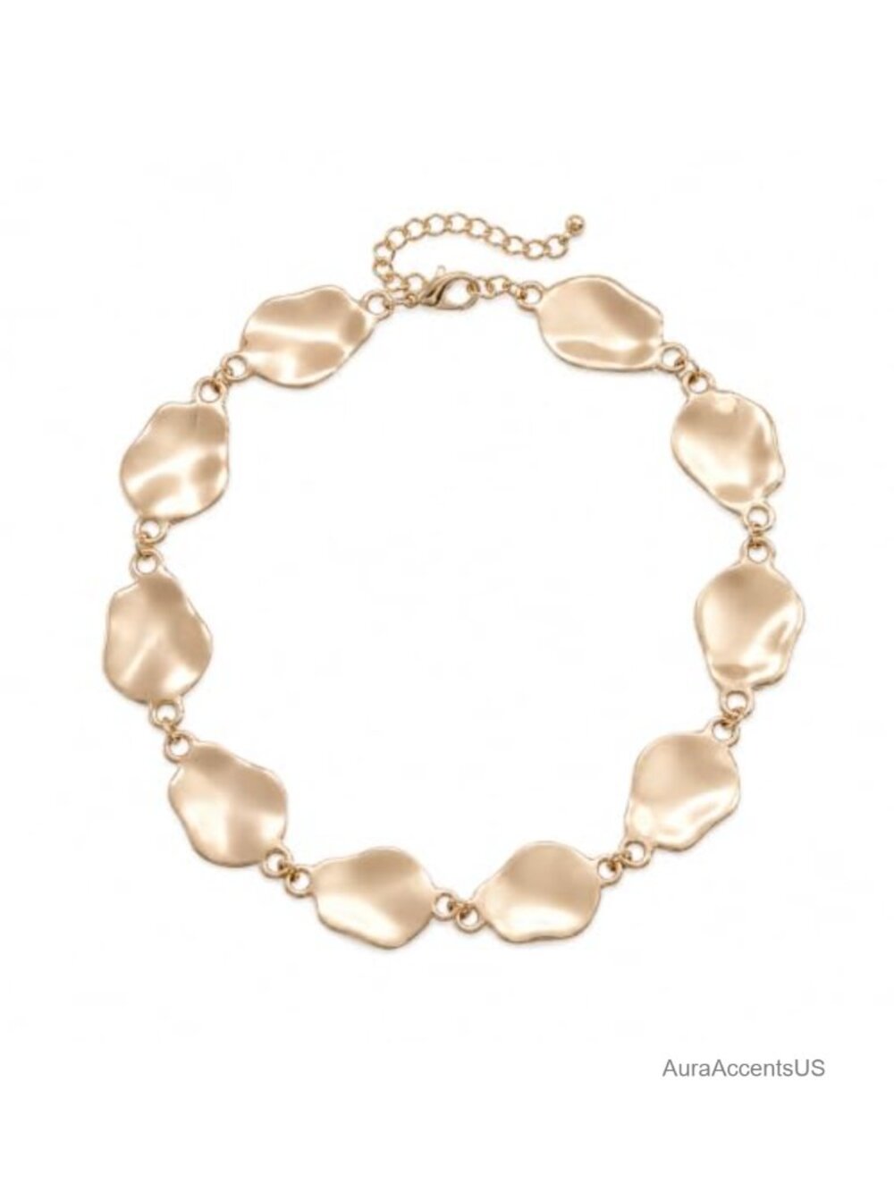 Hammered Gold Tone Disc Link Statement Necklace Choker Adjustable